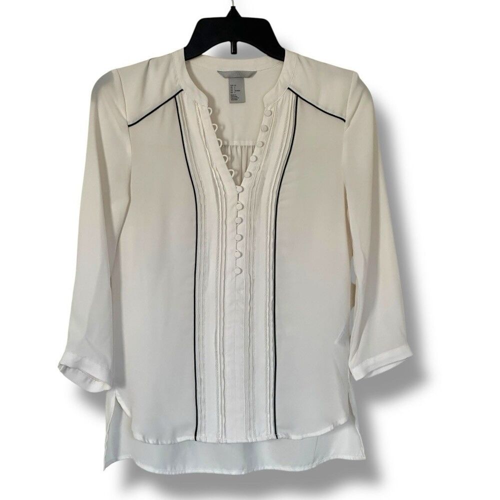 H&M Semi Sheer White Chiffon Popover Top 3/4 Sleeve Size 4 Black Trim Minimalist